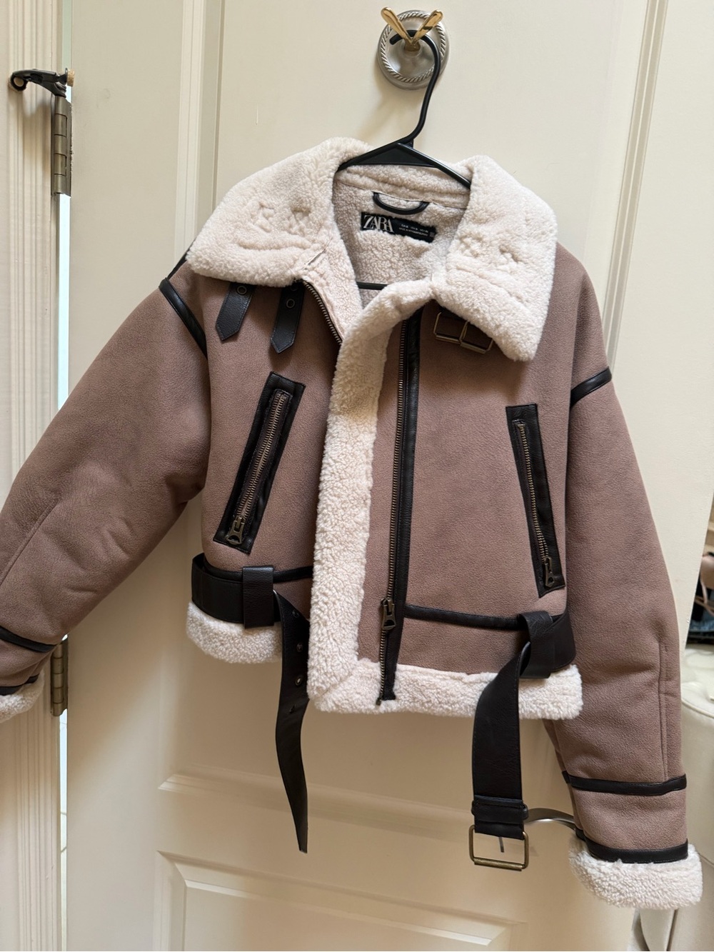 Zara Taupe Shearling-Trim Aviator Jacket with Black Accents